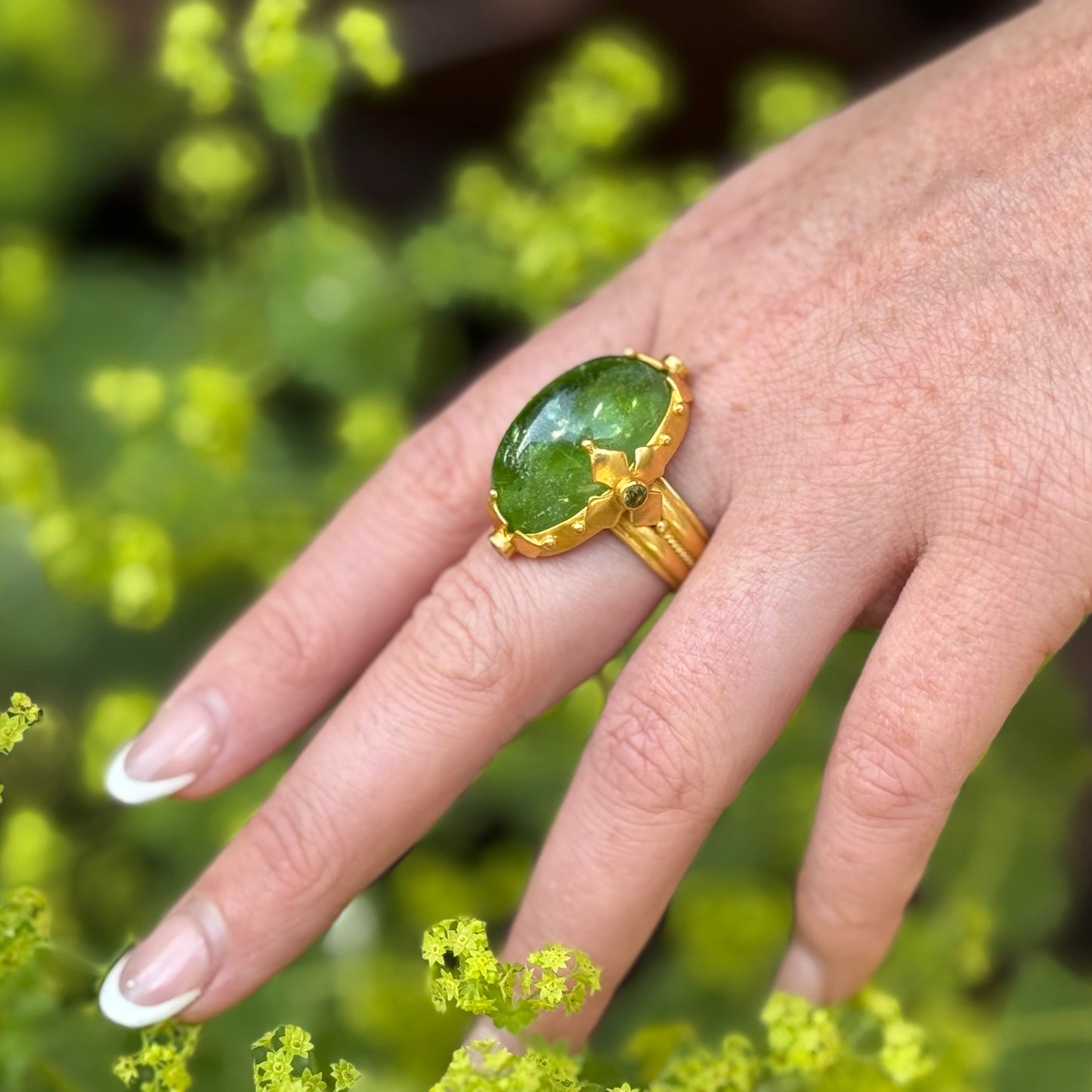 "Maltese" Ring (Peridot, Green Garnet, 22k Gold)