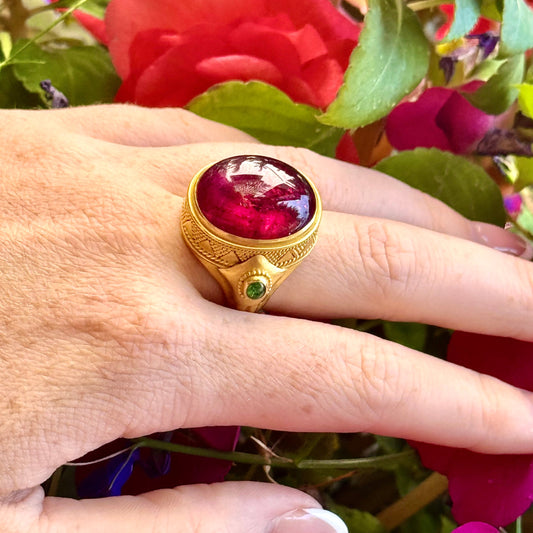 "Nefertiti" Ring (Rubellite Tourmaline, Green Tsavorite Garnet, 22k Gold)