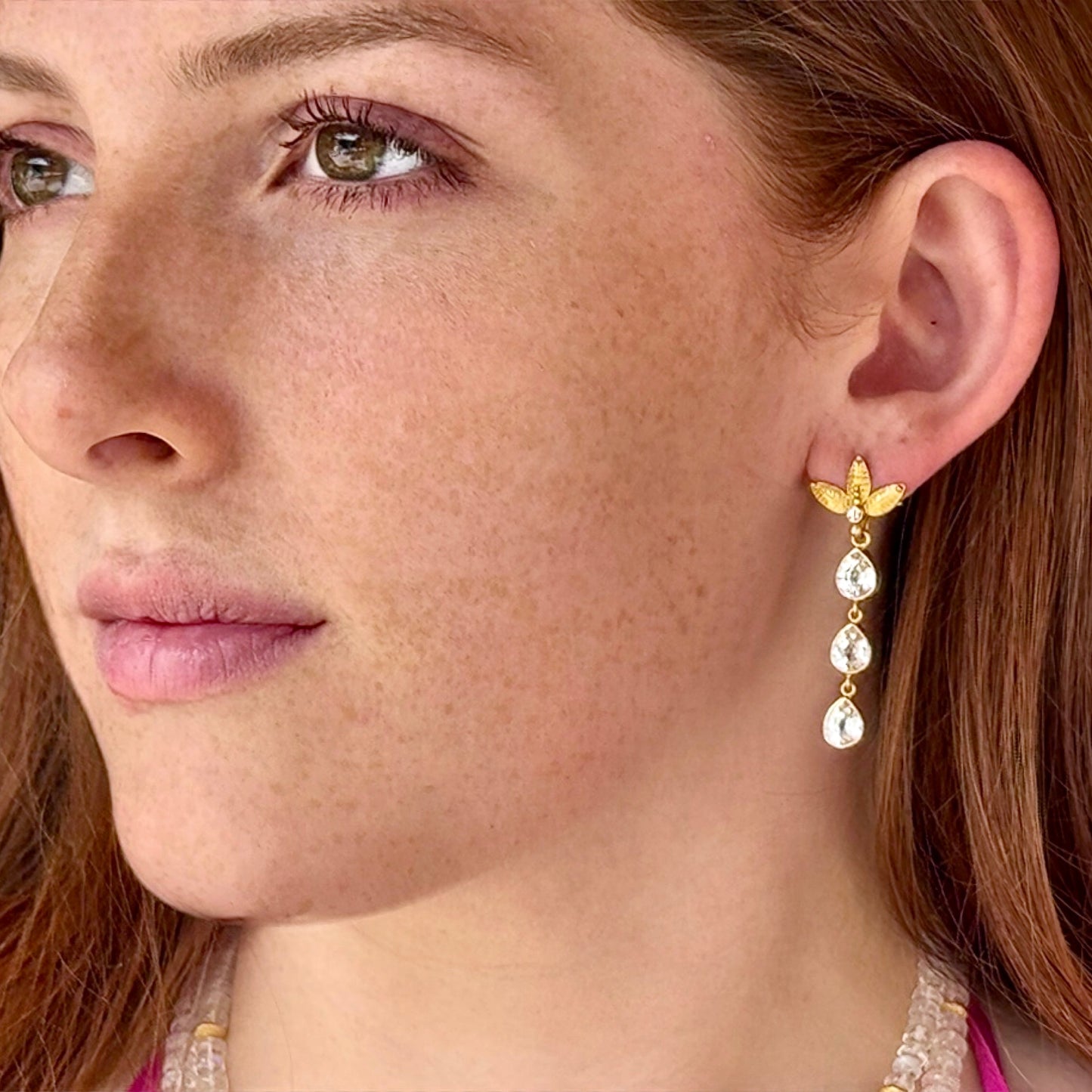 "White Dove" Dangle Earrings (White Cambodian Zircon, 22k, 18k Gold)