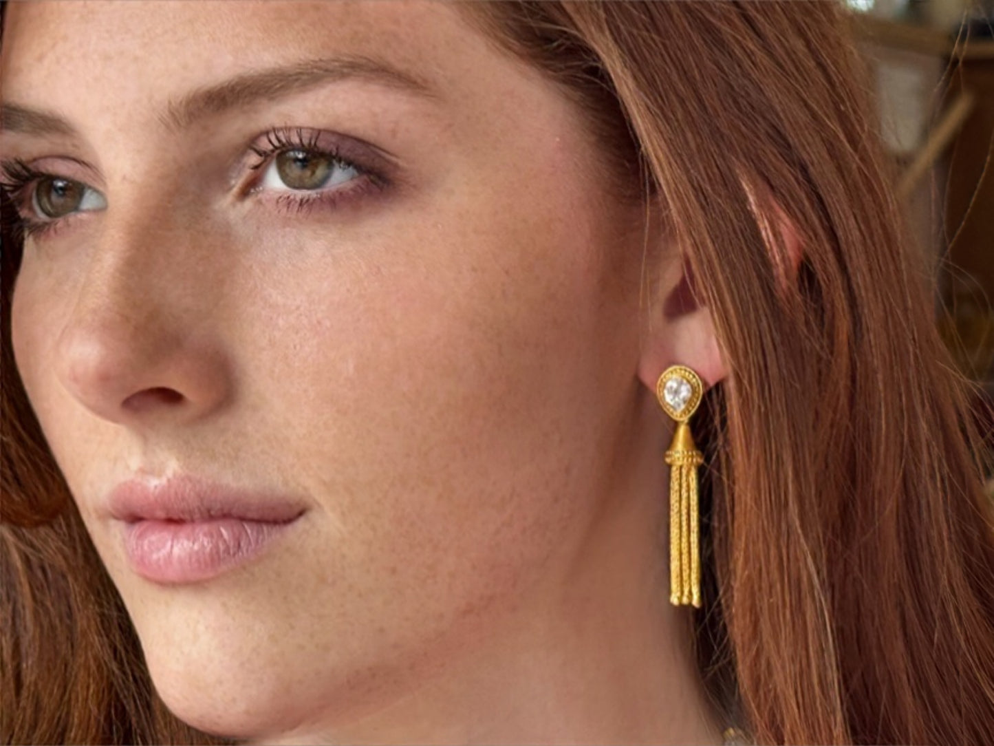 "Sharon" Stud Dangle Earrings (Rainbow Moonstone, White Zircon, 22k, 18k Gold)