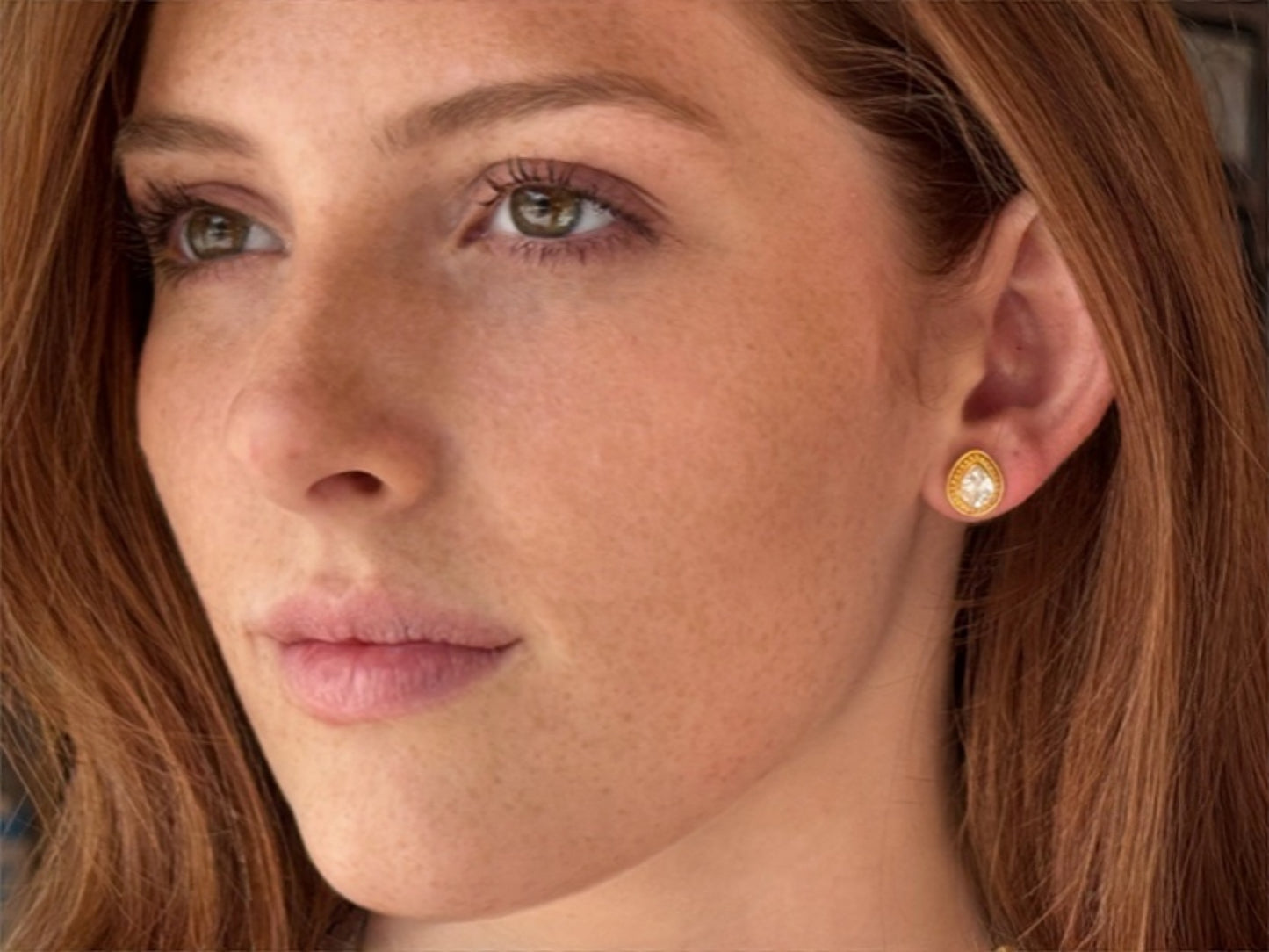 "Sharon" Stud Dangle Earrings (Rainbow Moonstone, White Zircon, 22k, 18k Gold)