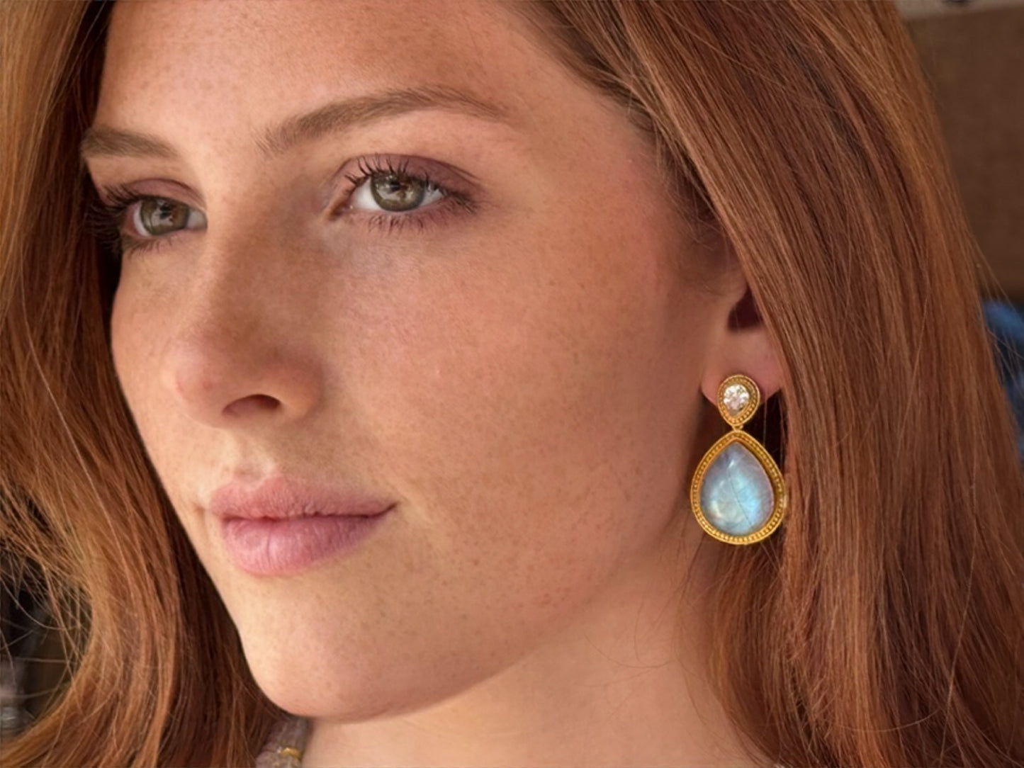 "Sharon" Stud Dangle Earrings (Rainbow Moonstone, White Zircon, 22k, 18k Gold)