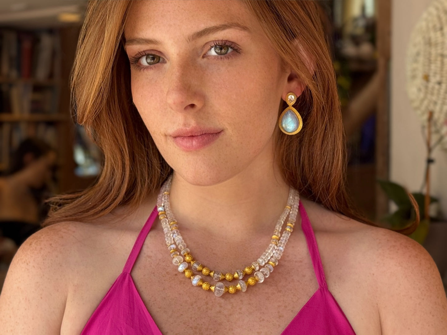 "Sharon" Stud Dangle Earrings (Rainbow Moonstone, White Zircon, 22k, 18k Gold)