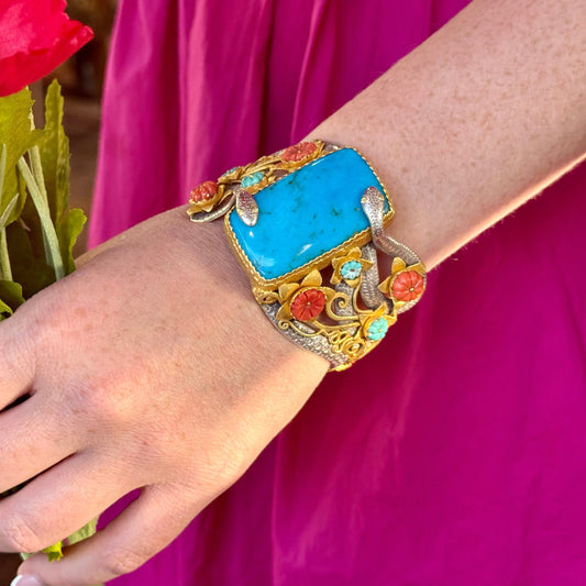 "Snake Flower" Cuff Bracelet (Italian Coral, Arizona Turquoise, Silver, 22k Gold)