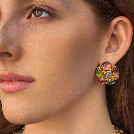 "Provence" Button Earrings (Tourmaline, Tanzanite, Peridot, 22k, 18k Gold)