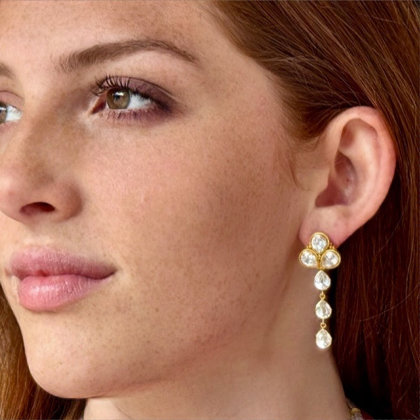 "Hindi" Stud Dangle Earrings (White Cambodian Zircon, 22k, 18k Gold)
