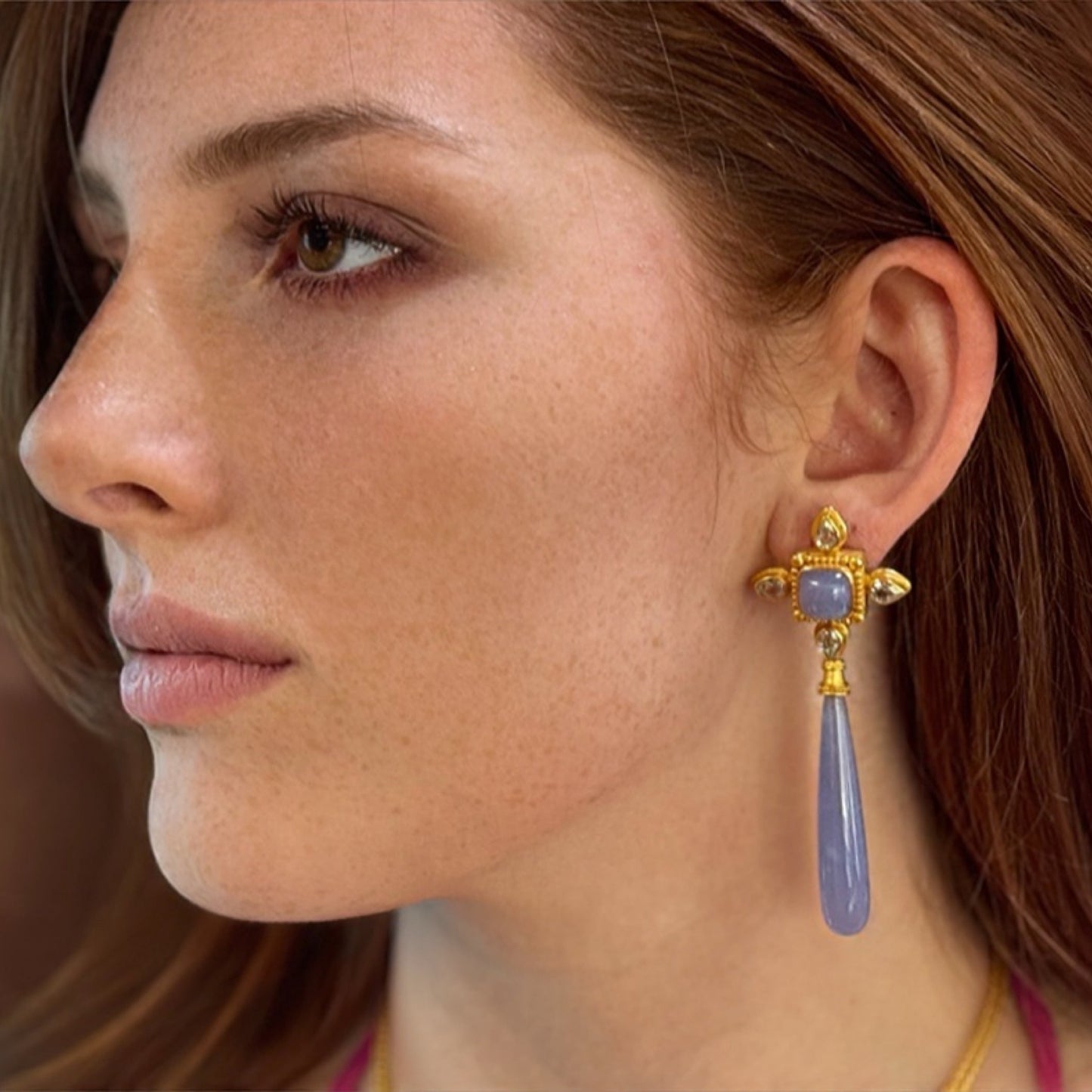 "Konstantin Cross Stud" Earrings (Holly Blue Agate, White Natural Zircon, 22k Gold)