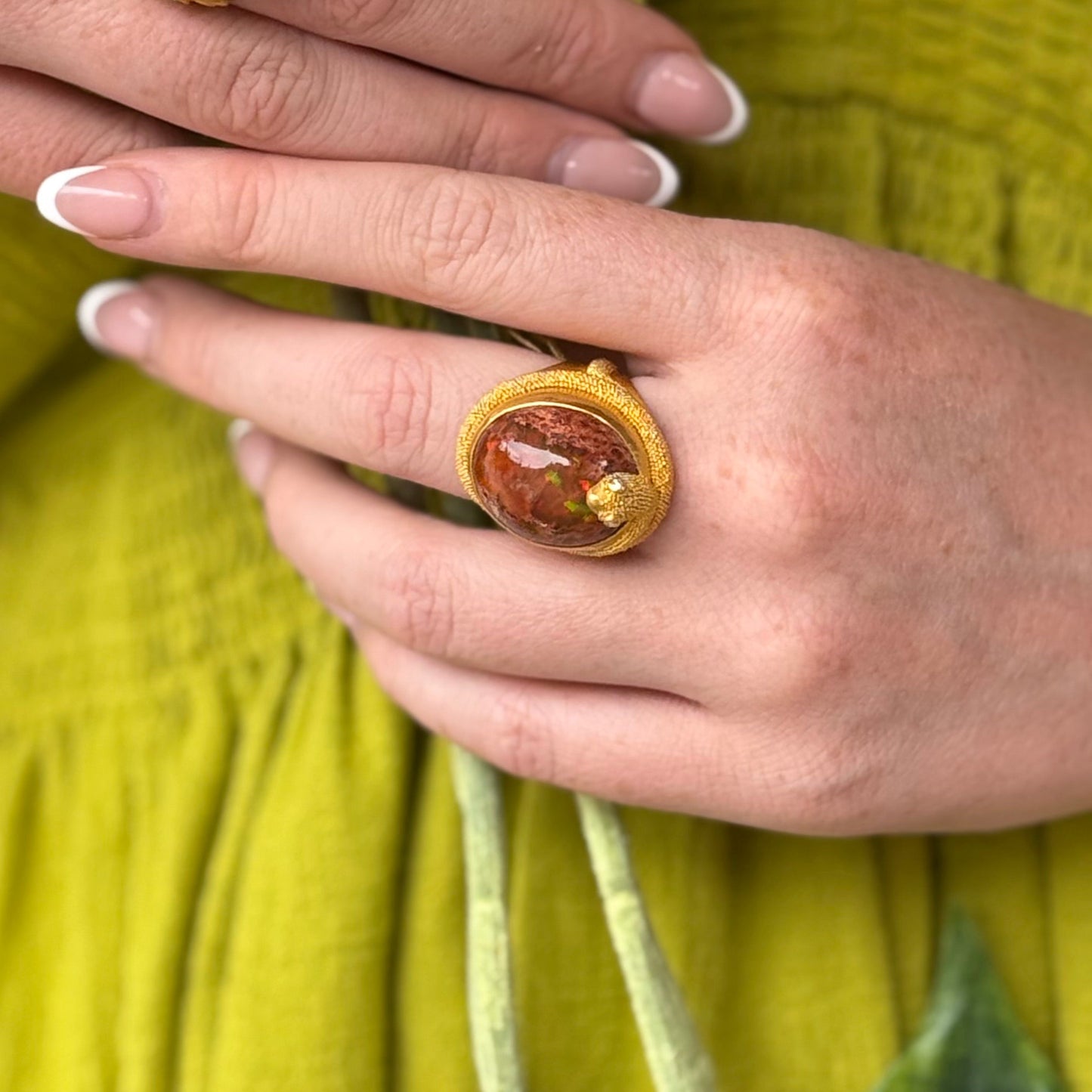 "Spiral Snake" Ring (Mexican Fire Opal, Diamond, 22k Gold)