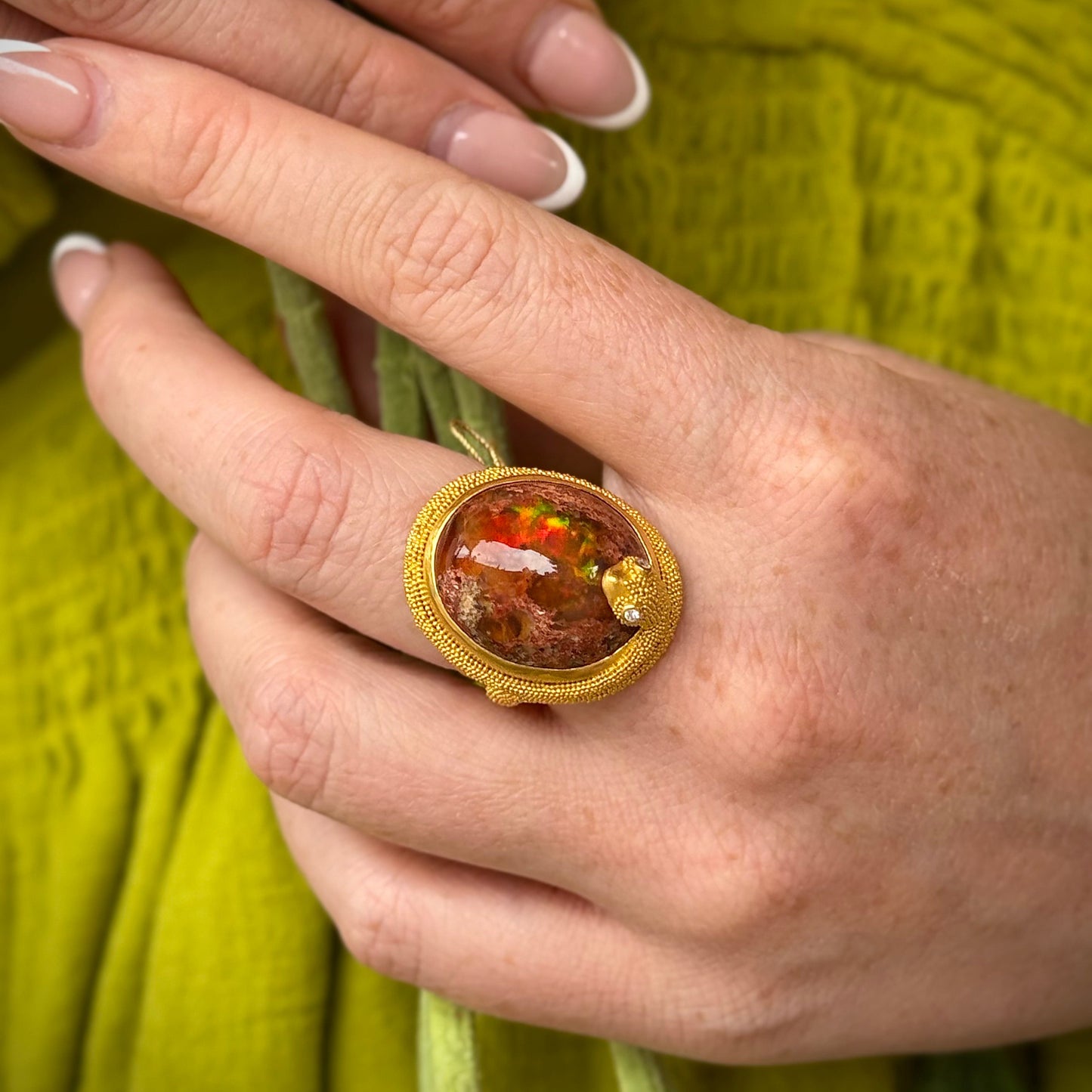 "Spiral Snake" Ring (Mexican Fire Opal, Diamond, 22k Gold)