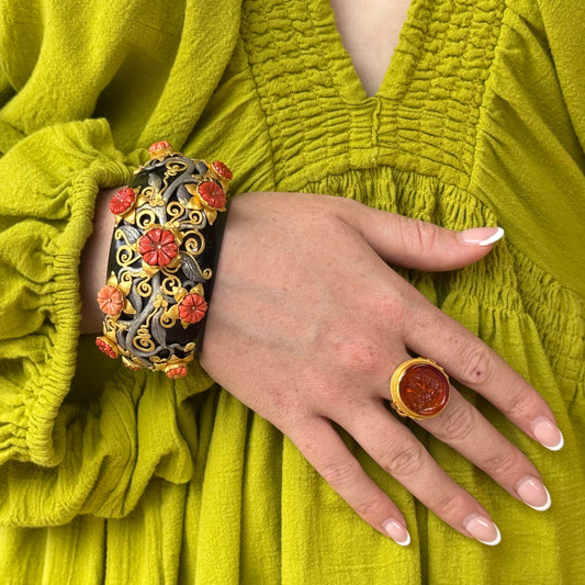 "Rundu Flower" Cuff Bracelet (Buffalo Horn, Coral, Sterling Silver, 22K Gold)