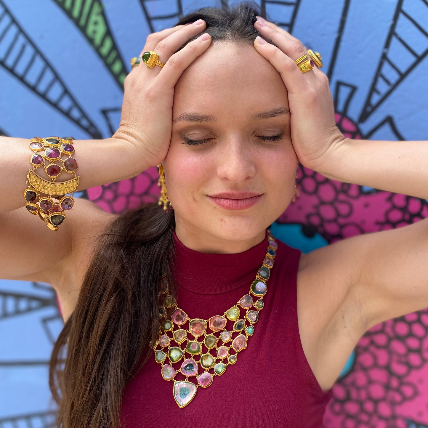 "Watermelon Fishnet" Bib Necklace (Watermelon Tourmaline, 22k, 18k Gold)
