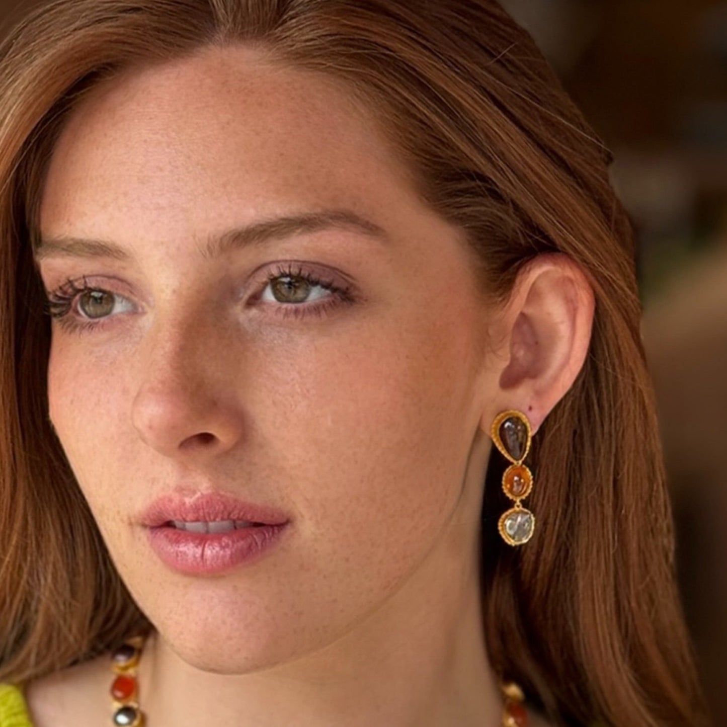 "Autumn Fishnet" Dangle Stud Earrings (Fire Agate, Hessonite Garnet, Keshi Tahitian Pearl, 18k, 22k Gold)