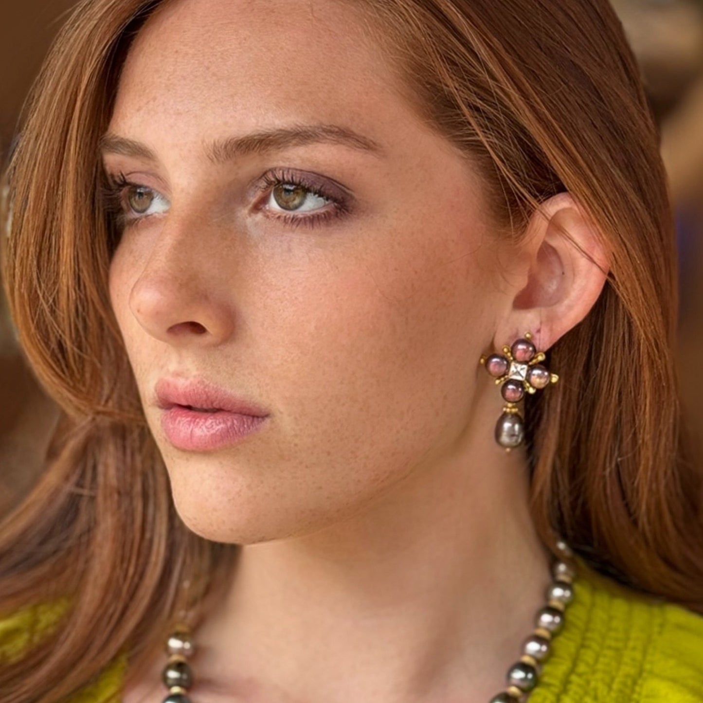 "Orvieto" Button Drop Earrings (Freshwater Pearl, White Zircon, 22k, 18k Gold)