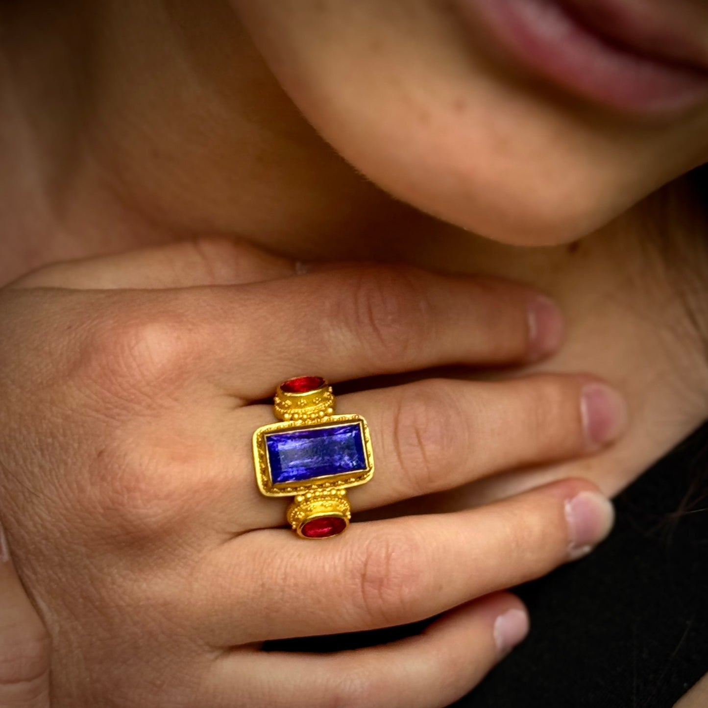 "Adrienne" Ring (Tanzanite, Rubellite Tourmaline, 22k Gold)