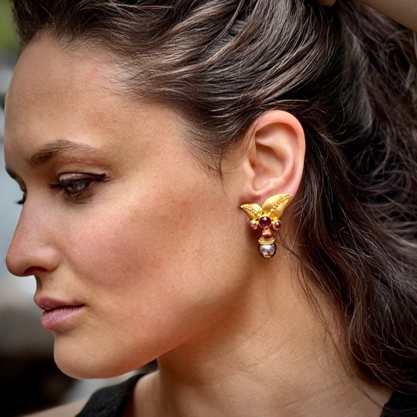 "Leaf Cluster" Stud Drop Earrings (Rubellite Tourmaline, Tahitian Pearl, 22k, 18k Gold)