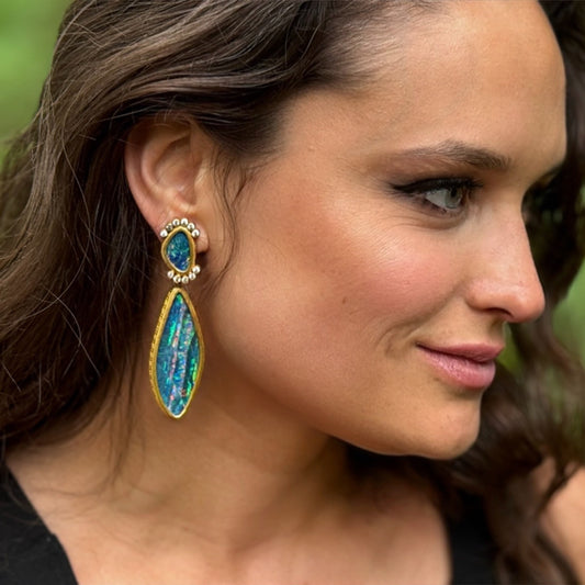 "Neela" Stud Dangle Earrings (Australian Opal, White Sapphire, 22k, 18k Gold)