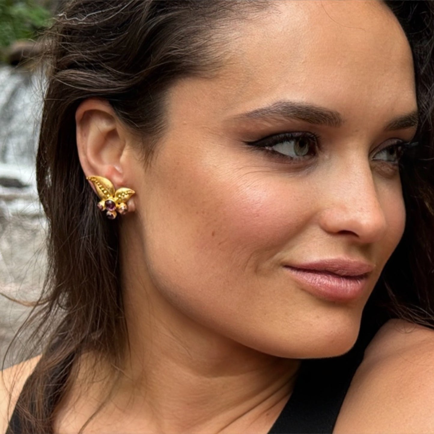 "Leaf Cluster" Stud Drop Earrings (Almandine Garnet, South Sea Pearl, 22k, 18k Gold)