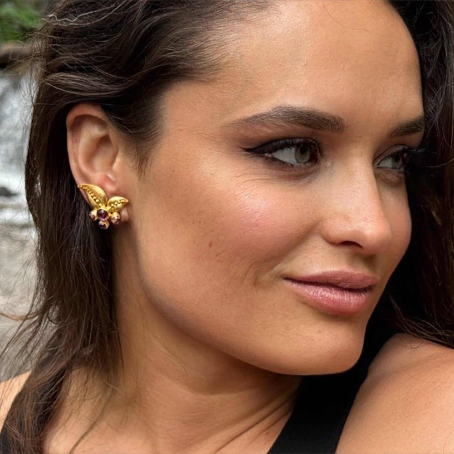 "Leaf Cluster" Stud Drop Earrings (Rubellite Tourmaline, Tahitian Pearl, 22k, 18k Gold)