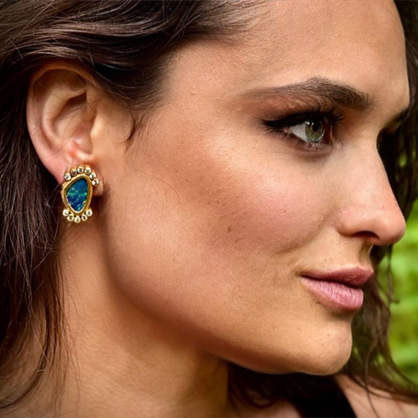"Neela" Stud Dangle Earrings (Australian Opal, White Sapphire, 22k, 18k Gold)