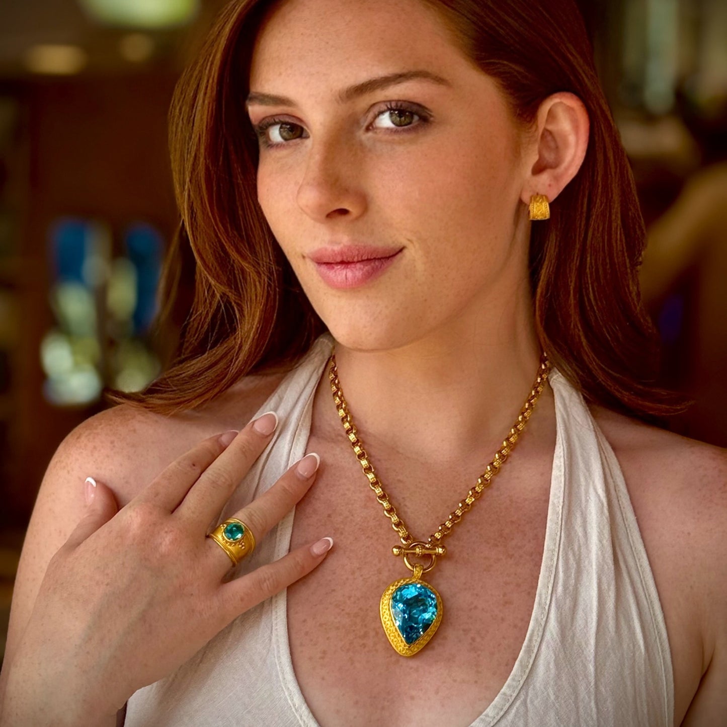"Susie Spiral" Pendant (Swiss Blue Topaz, 22k Gold)