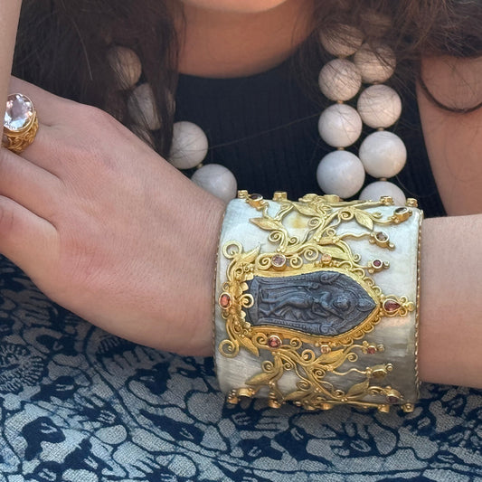 "Angkor" Cuff Bracelet (Antelope Horn, Sapphires, Garnets, 22k Gold, Silver)