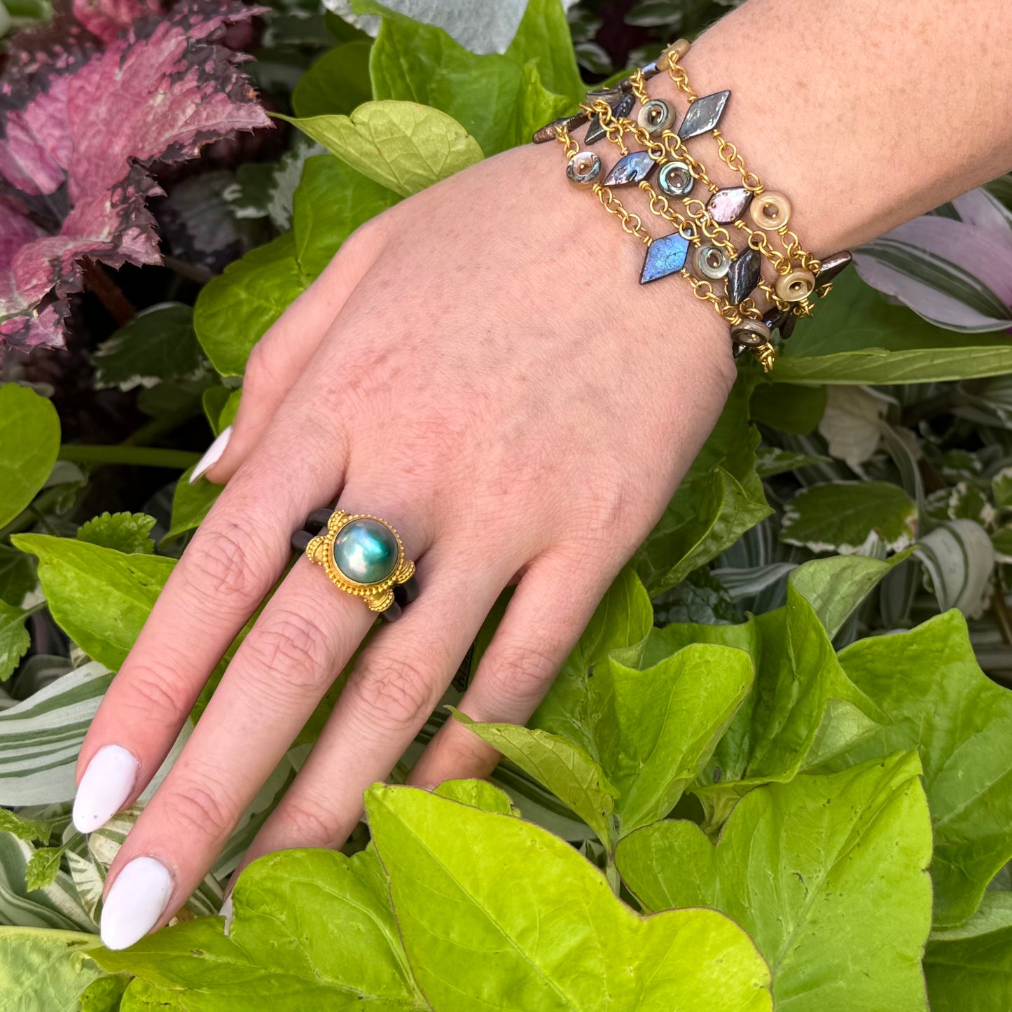 "Devlin" Ring (Mabe Pearl, Neoprene Rubber, 22k, 18k Gold)