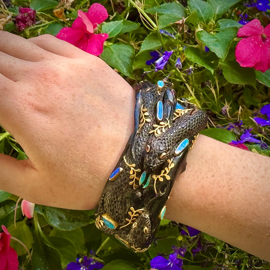 "Seaweed Serpent" Cuff Bracelet (Australian Opals, Black Coral, Ruby, 18k Gold)