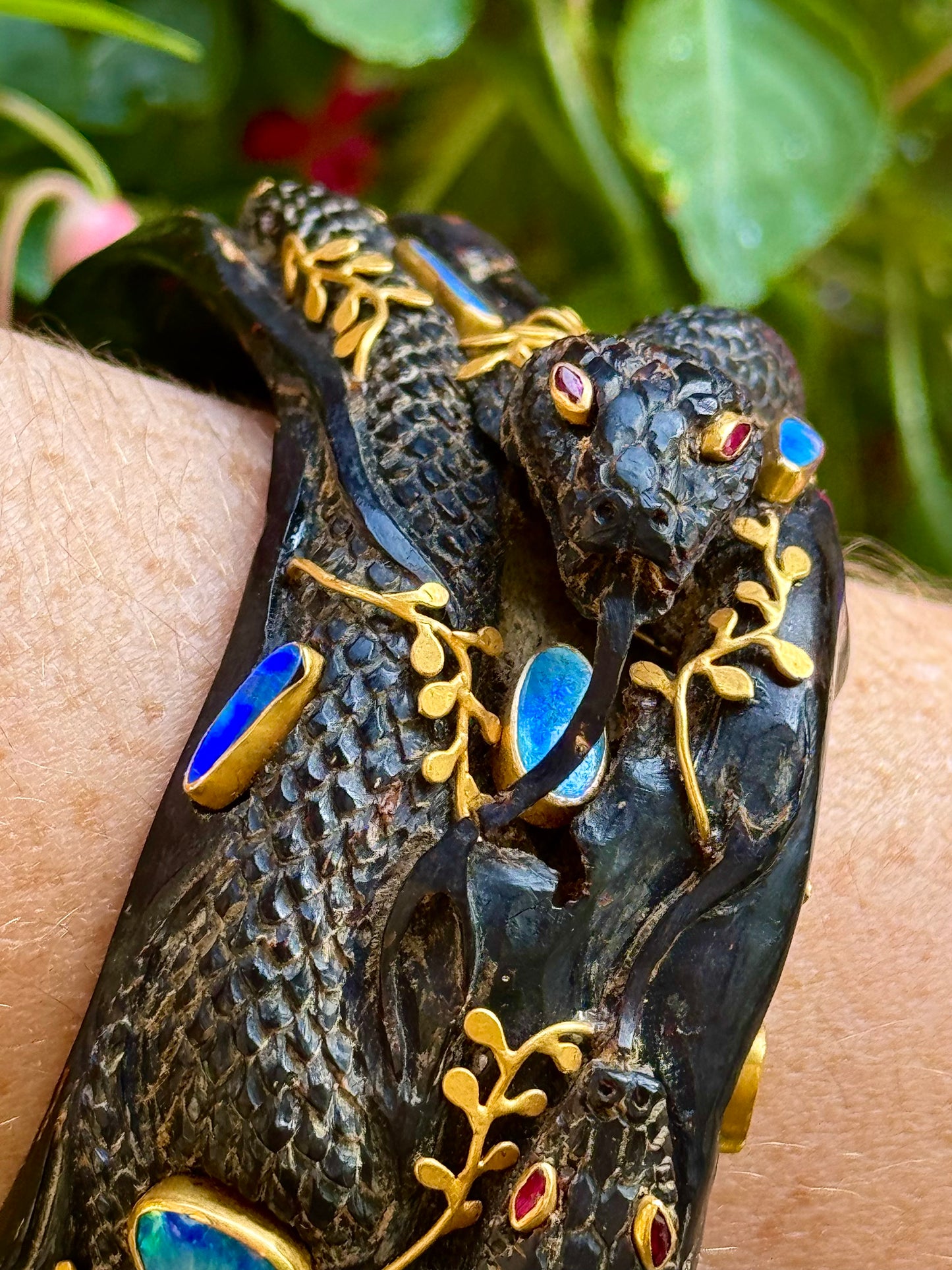 "Seaweed Serpent" Cuff Bracelet (Australian Opals, Black Coral, Ruby, 18k Gold)