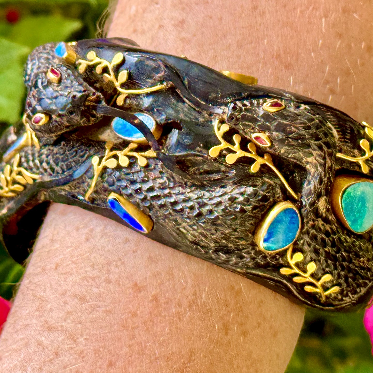 "Seaweed Serpent" Cuff Bracelet (Australian Opals, Black Coral, Ruby, 18k Gold)