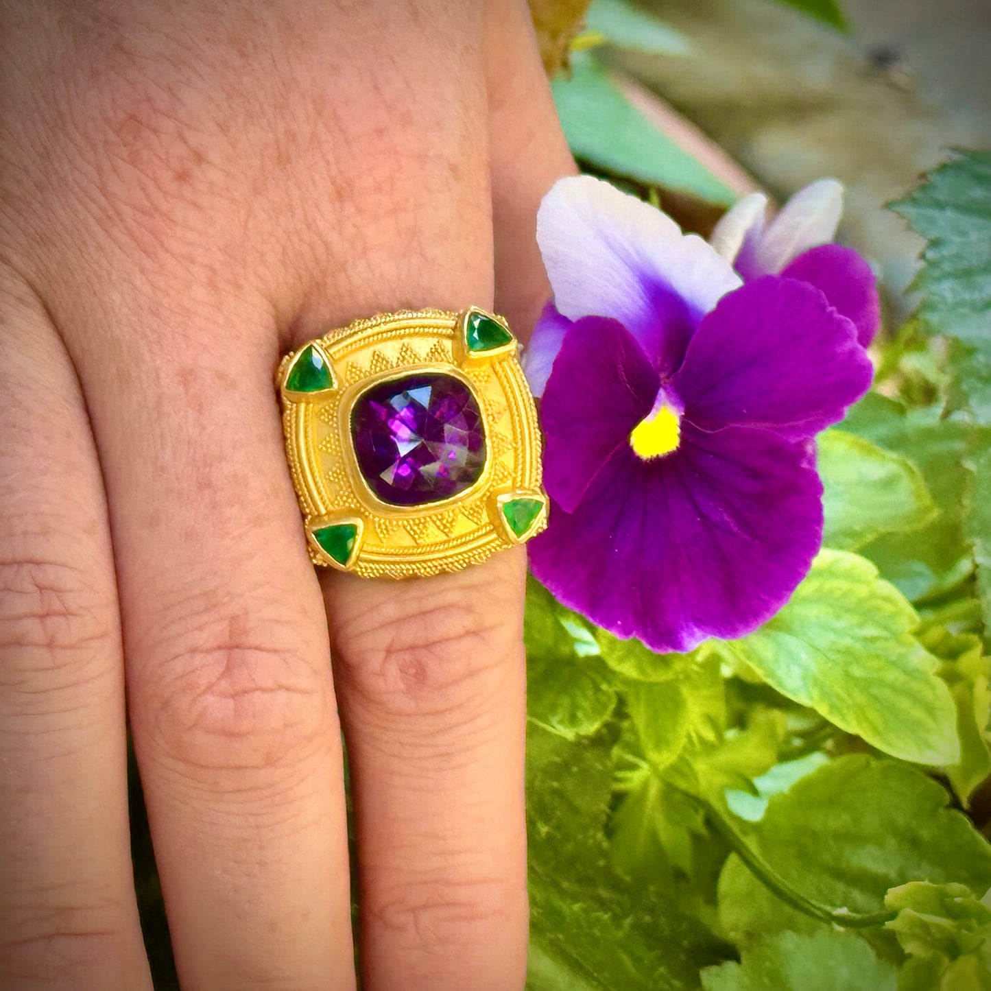 "Four Corners" Ring (Emerald, Amethyst, 22k Gold)