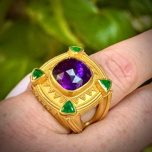 "Four Corners" Ring (Emerald, Amethyst, 22k Gold)