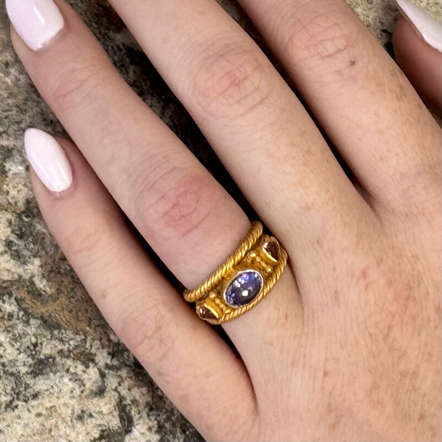 "Trinity Twist" Ring (Tanzanite, Pink Tourmaline, 22k Gold)
