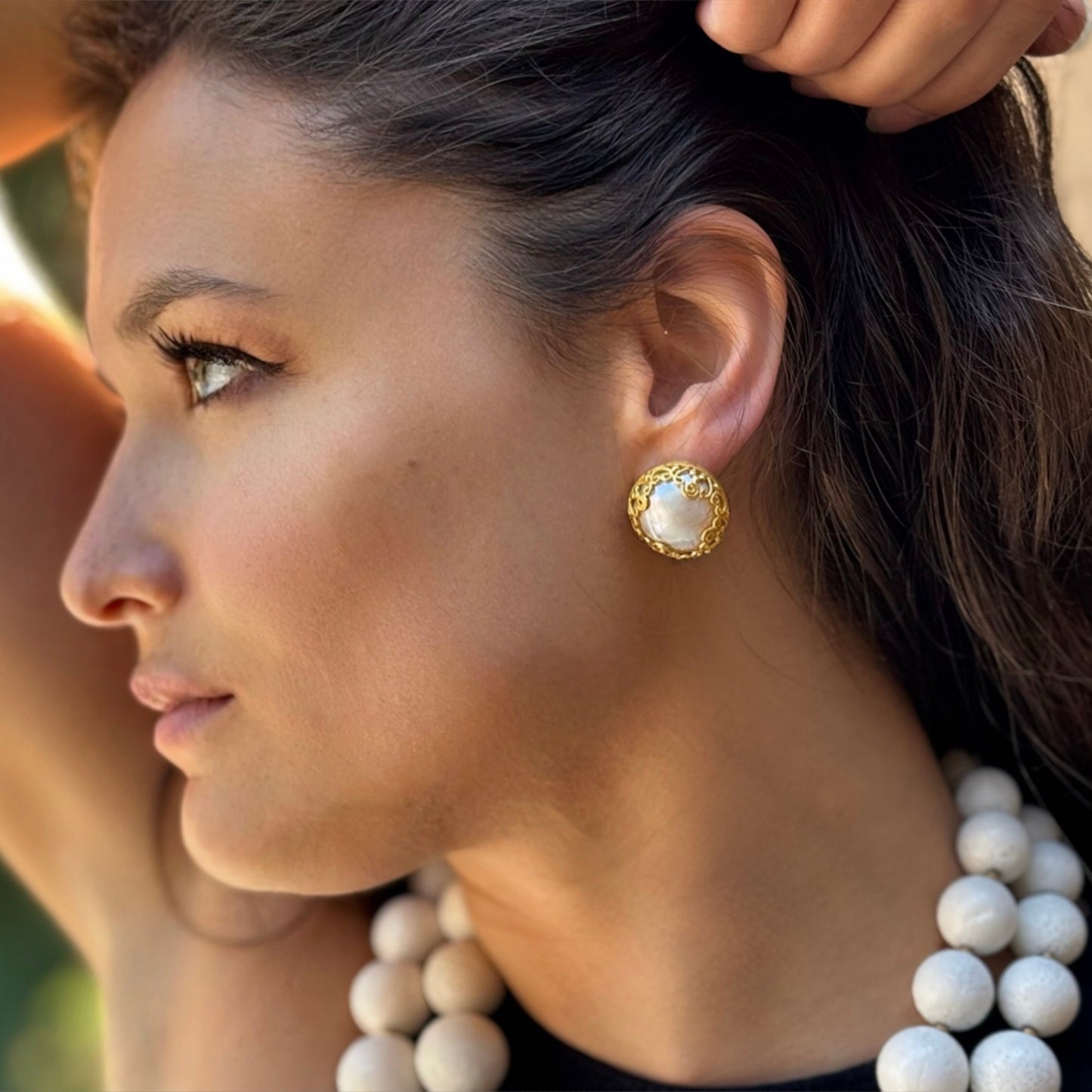 "Westminster" Button Earrings (White Mabe Pearl, 22k, 18k Gold)