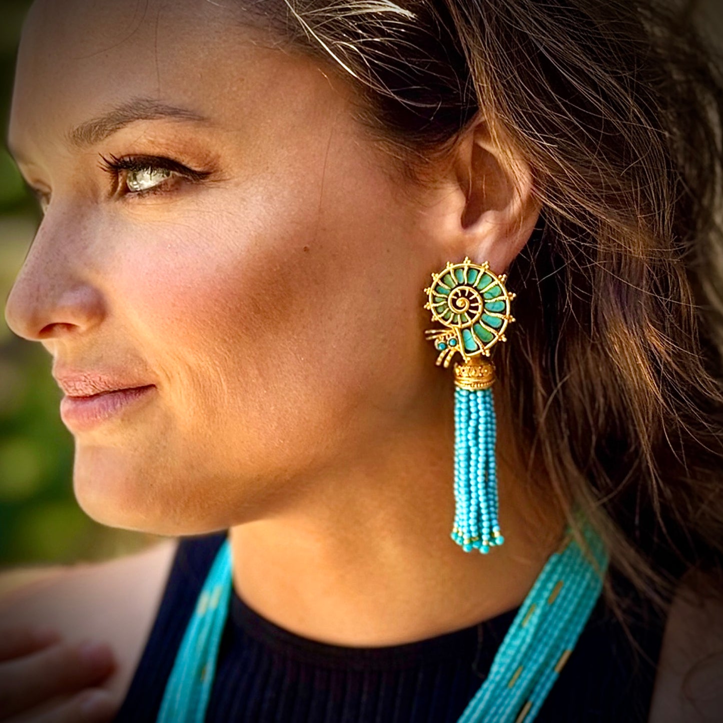 "Spiral Cap" Tassel Drops for Hook Earrings (Sleeping Beauty Turquoise, 22k Gold)