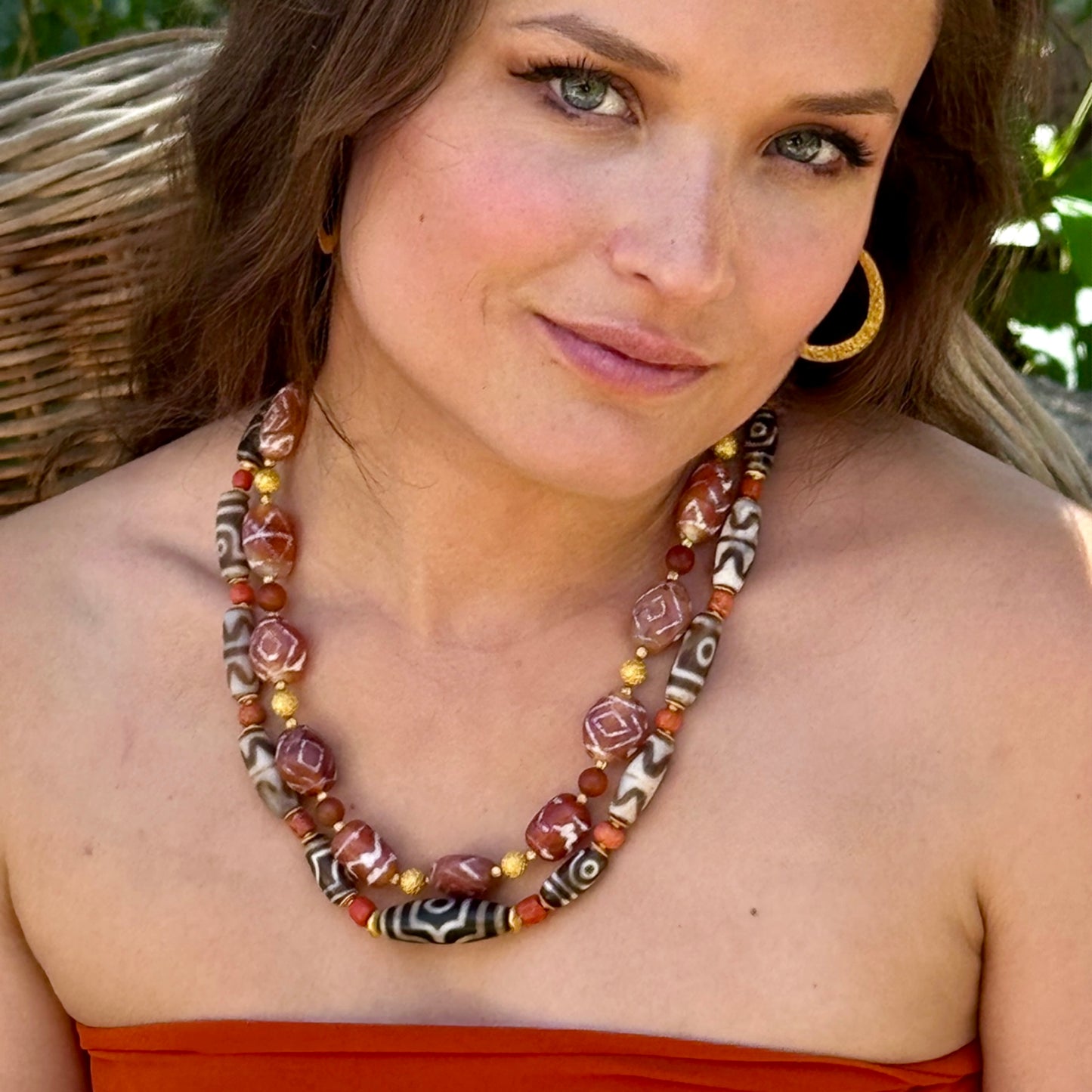 "Lola Tibet" Necklace (Agate, Tibetan Coral, 22k, 18k Gold)