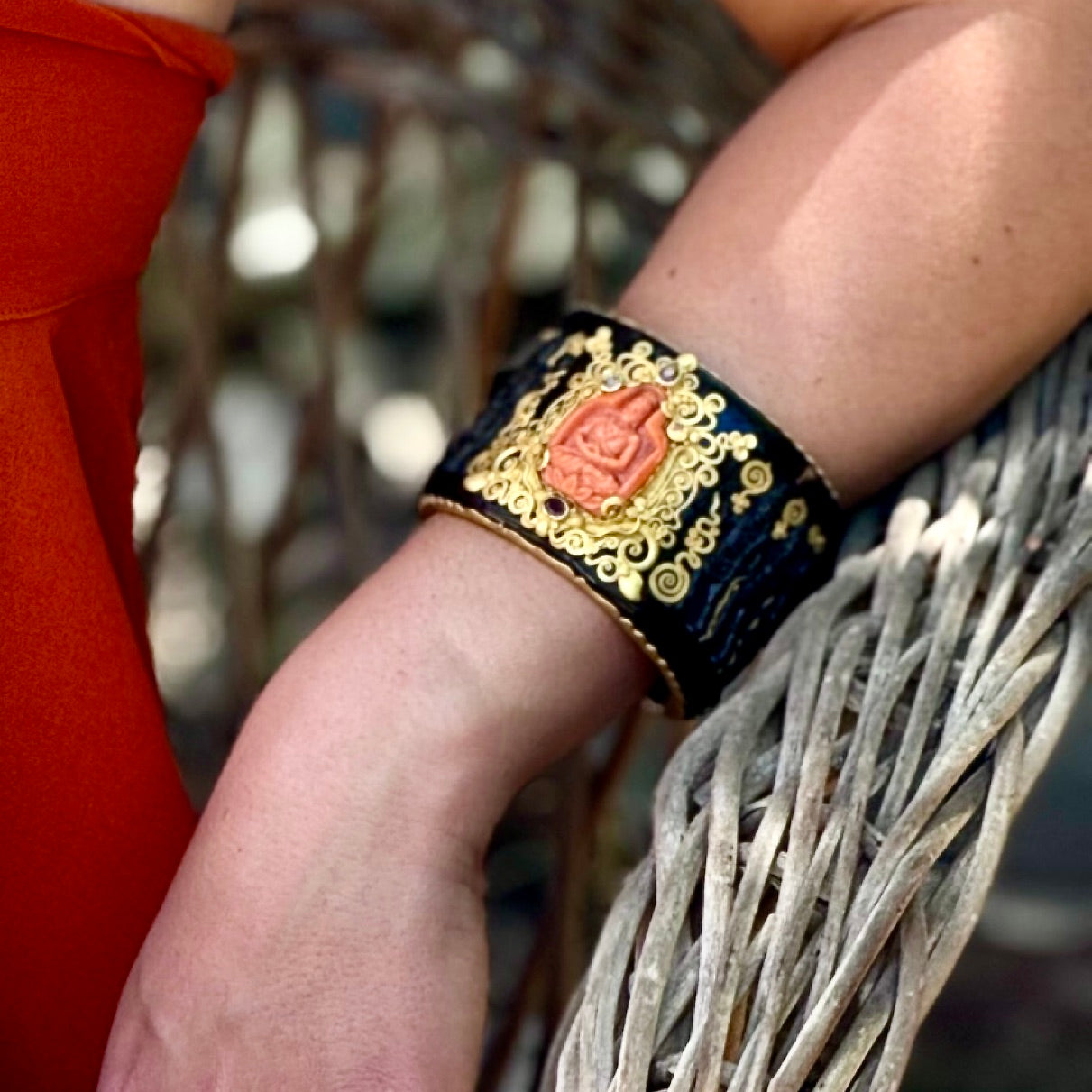 "Bagan" Cuff Bracelet (Black and Orange Coral Set with Gems, 22k Gold)