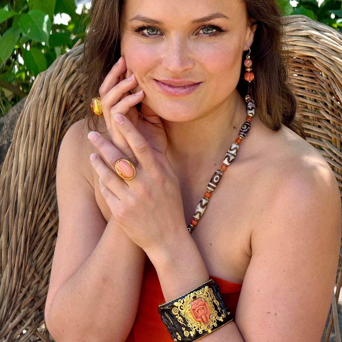 "Bagan" Cuff Bracelet (Black and Orange Coral Set with Gems, 22k Gold)