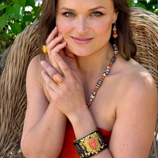 "Bagan" Cuff Bracelet (Black and Orange Coral Set with Gems, 22k Gold)
