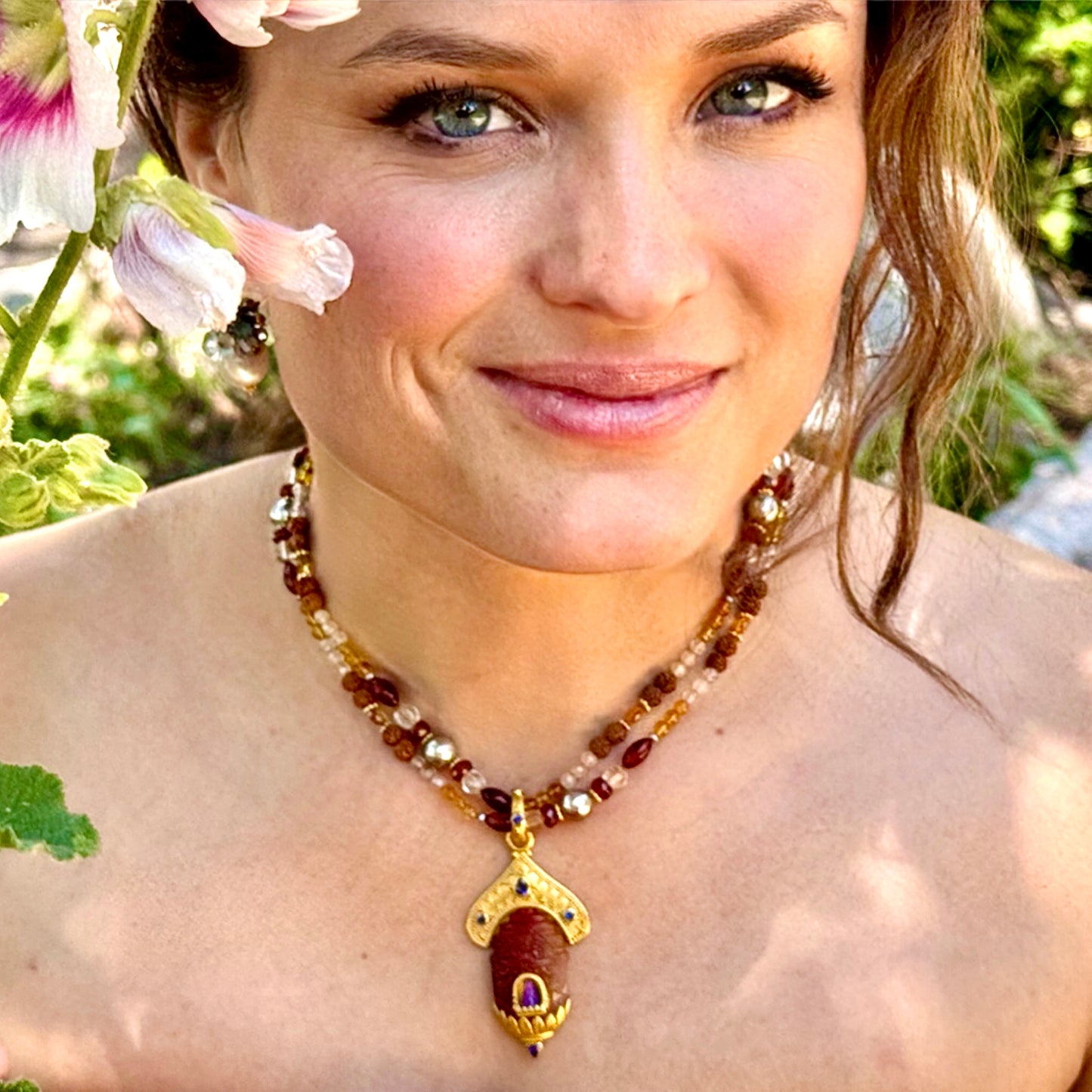"Buddha Stupa Candi" Pendant (Carnelian, Sugilite, Purple Sapphire, 22k Gold)
