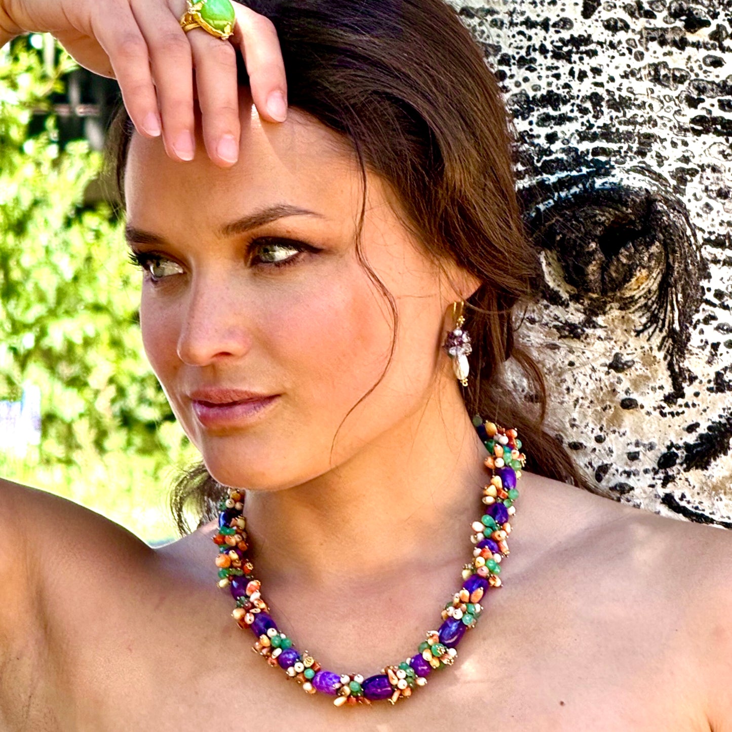 "Fiesta" Necklace (Sugilite, Coral, Chrysoprase Agate, Emerald, Pearl, 18k Gold, Vermeil)