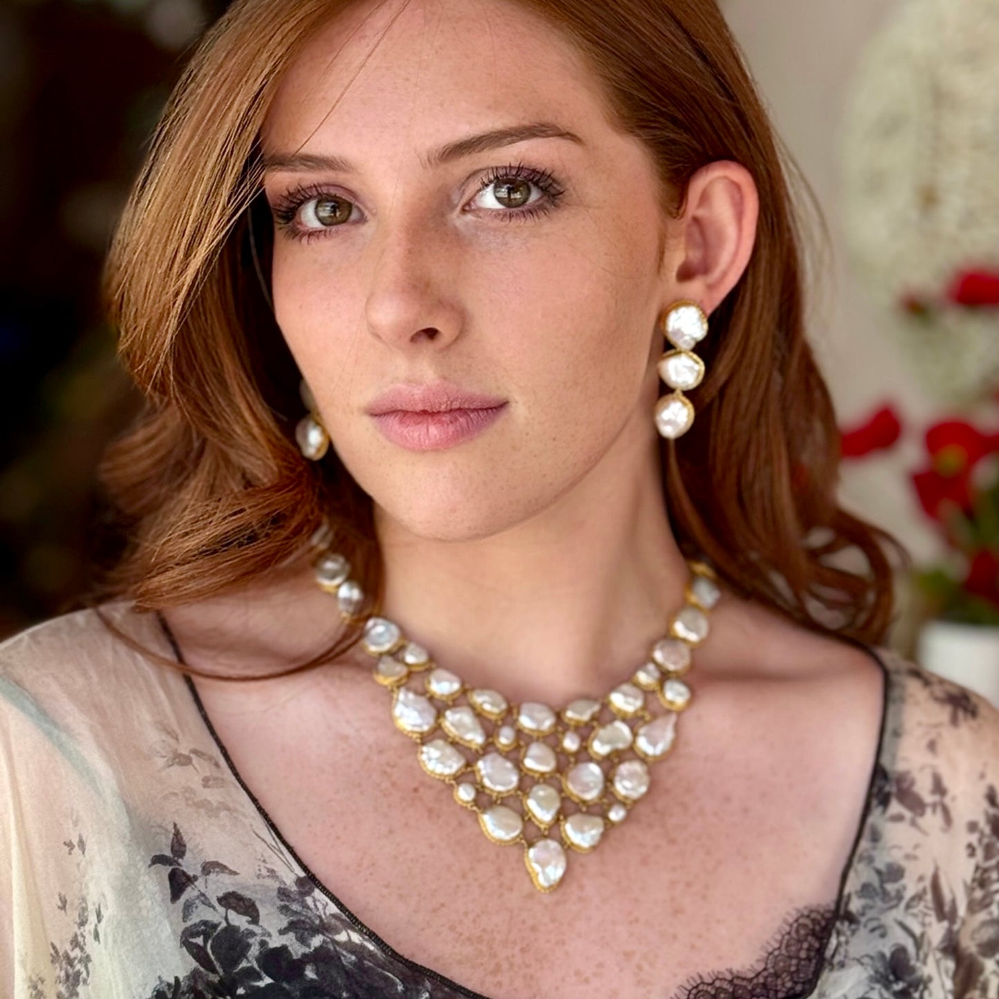 "Luna Fishnet" Dangle Earrings (Freshwater Keshi Pearl, 22k and 18k Gold)