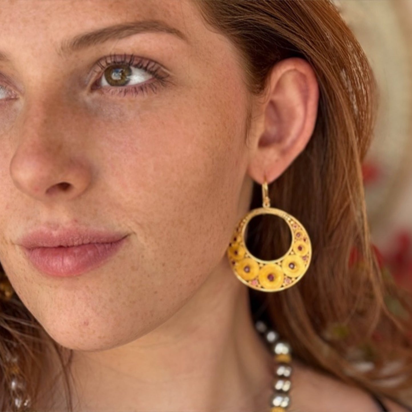 "Spiral Crescent" Hook Earrings (Ruby, 18k, 22k Gold)