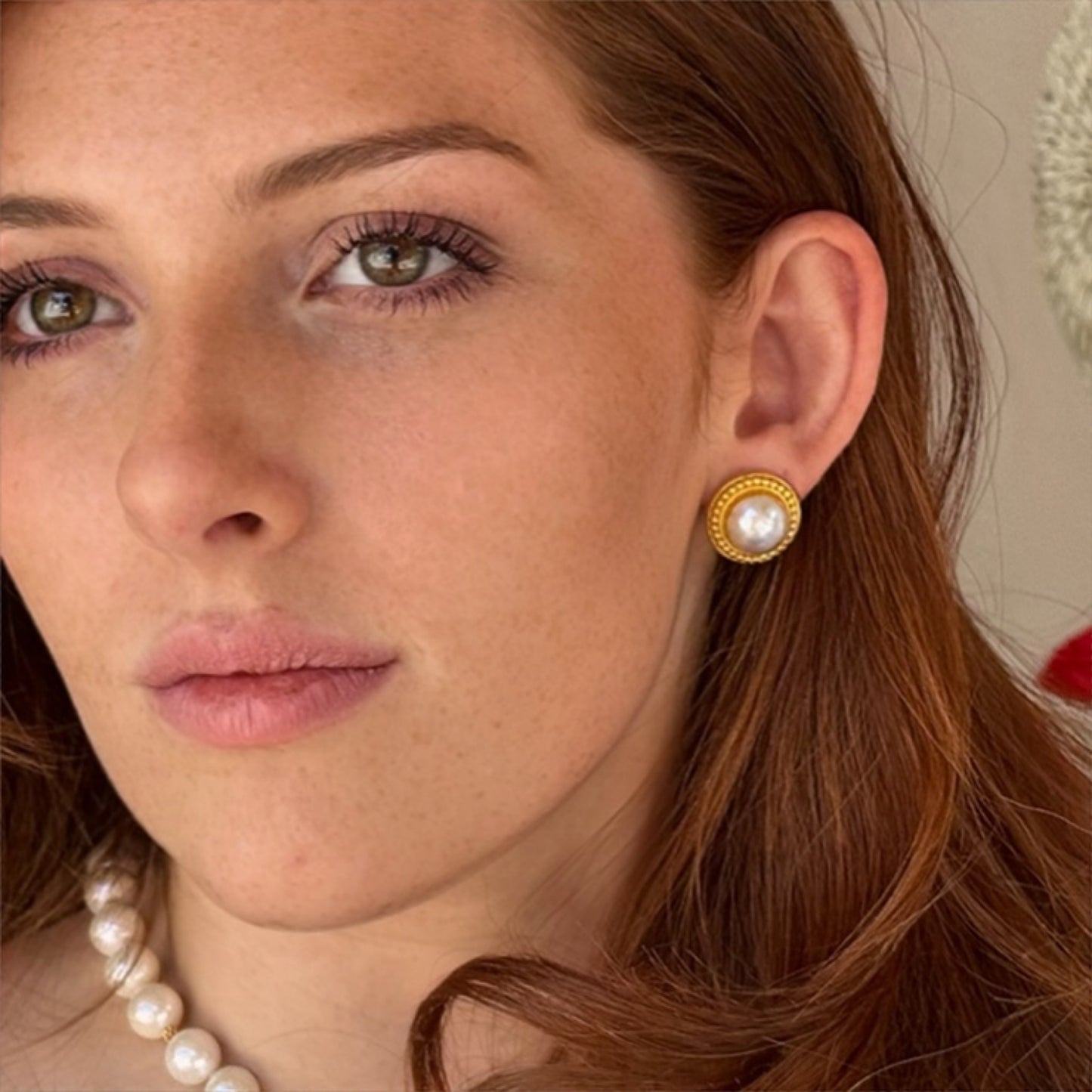 "Ben" Button Earrings (White Mabe Pearl, 22k, 18k Gold)