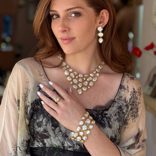"Luna Fishnet" Bib Necklace (White Keshi Pearl, 22k Gold)