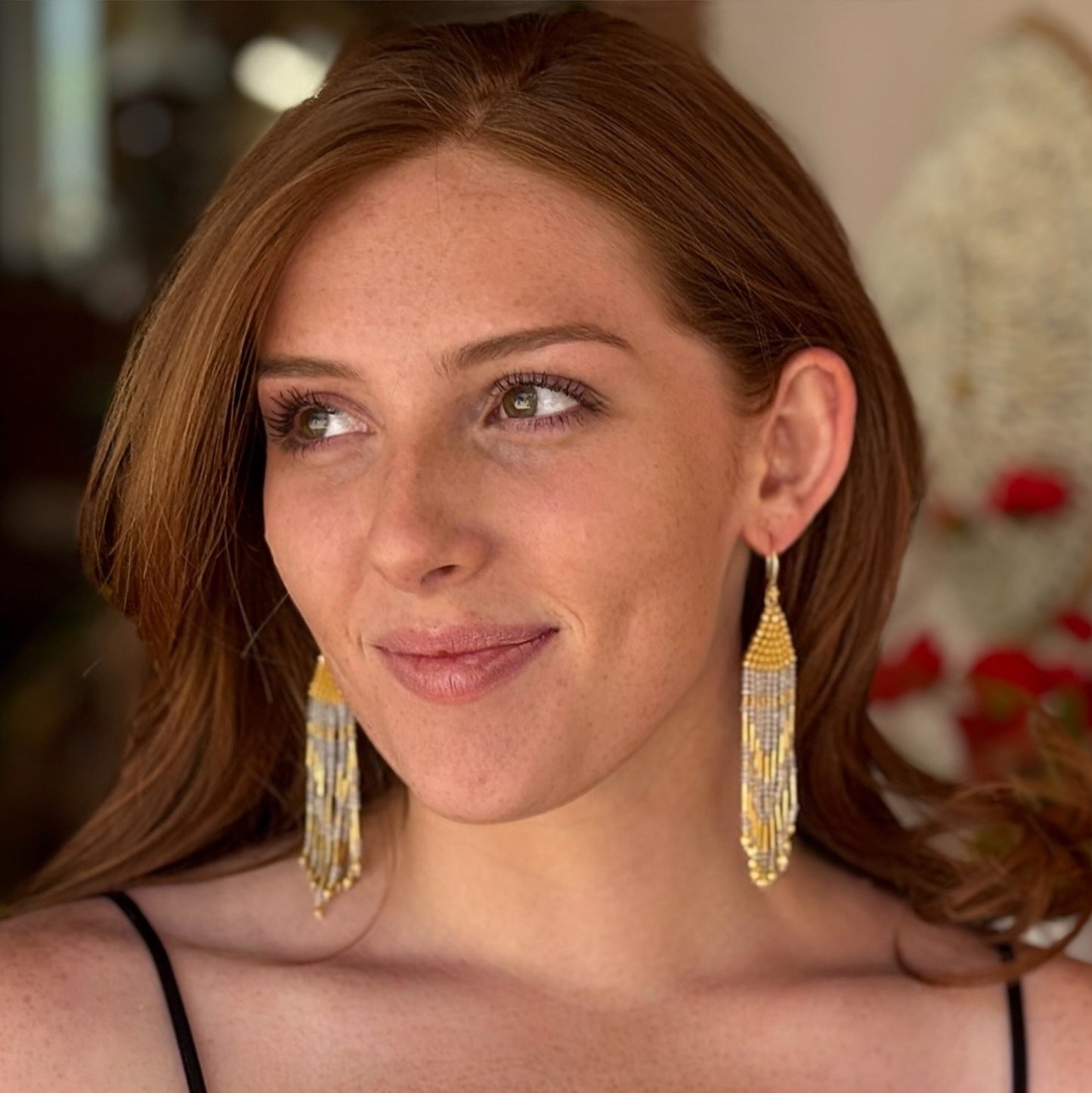 "Gypsy Rose" Dangle Hook Earrings (Quartz Crystal Beads, 18k Gold)