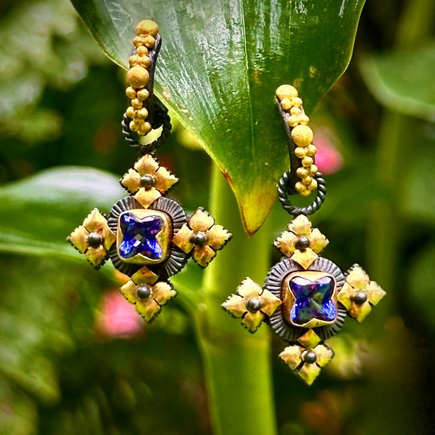 "Malta" Drops for Hoop Earrings (Tanzanite, 22k Gold, Oxidized Sterling Silver)