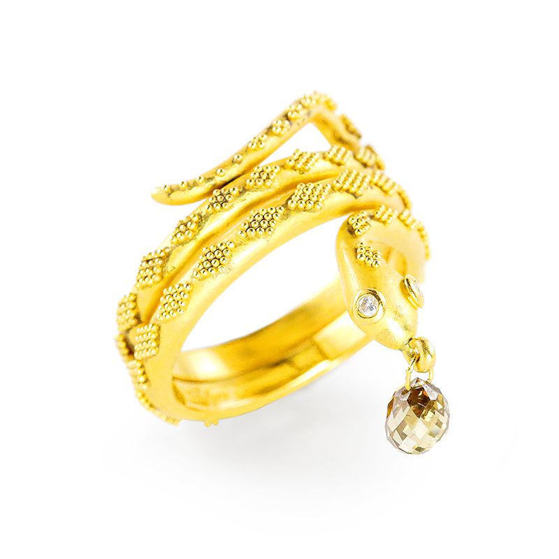 "Coiled Snake" Ring (Cognac Diamond, 22k Gold)