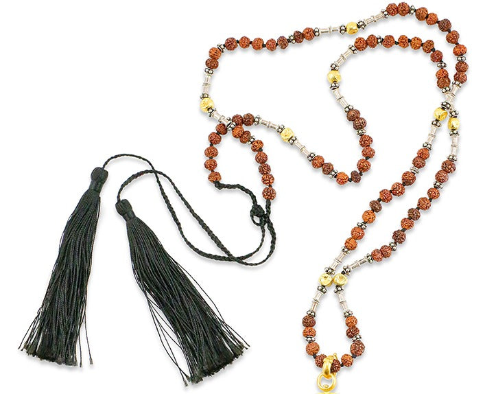 "Udaipur" Necklace (Rudraksha Seeds, 22k Gold, Silver, Silk Tassels)