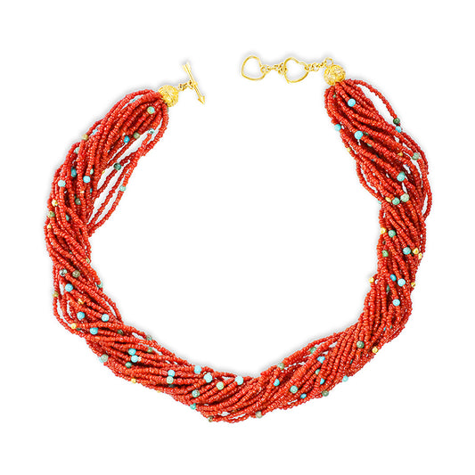 "Multi Twist Torsade" Necklace (Italian Coral, Turquoise, 18k Gold)