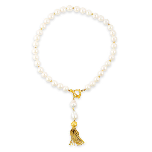 "Lola Y Tassel" Necklace (White Freshwater Pearl, 22k, 18k Gold)